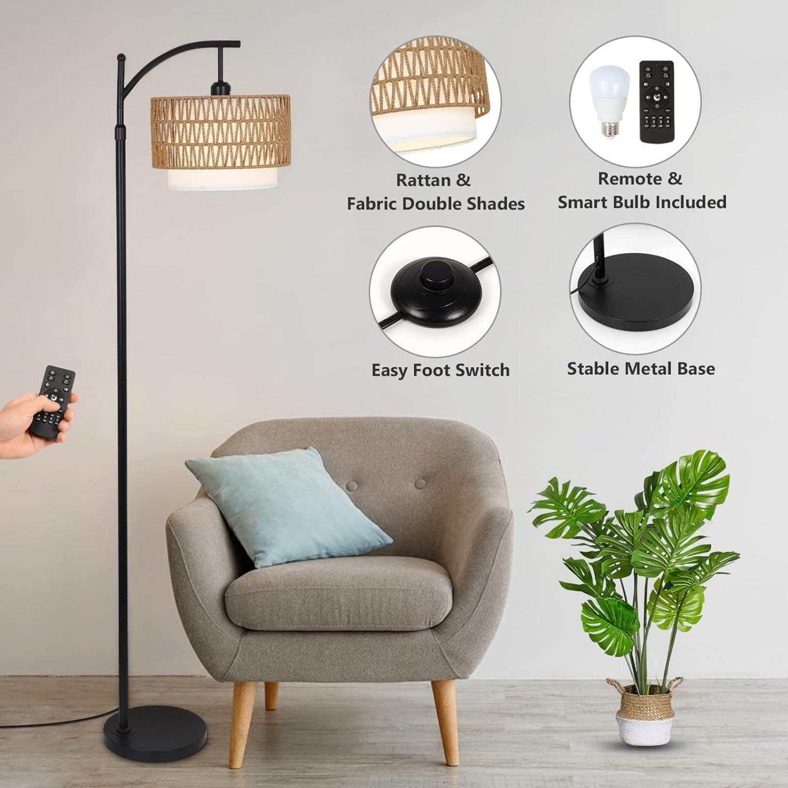 Floor Lamp For Living Room With 3 Color Temperatures, Farmhouse Floor Lamps With Remote & Dimmab